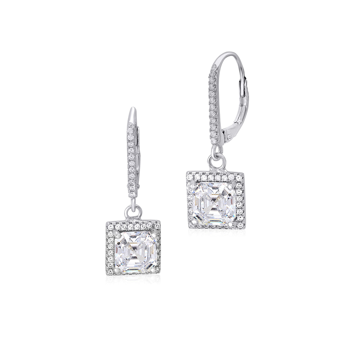 Sterling Silver 925 Simulated Diamond Square Asscher Cut Halo Leverback Earrings Dangle by Massete