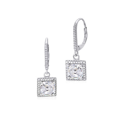 Sterling Silver 925 Simulated Diamond Square Asscher Cut Halo Leverback Earrings Dangle by Massete