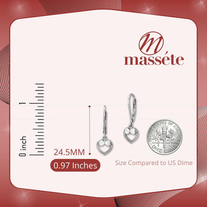 Sterling Silver 925 Pave CZ Open Heart Outline with Bow Leverback Earrings Dangle by Massete