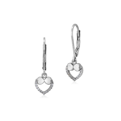 Sterling Silver 925 Pave CZ Open Heart Outline with Bow Leverback Earrings Dangle by Massete