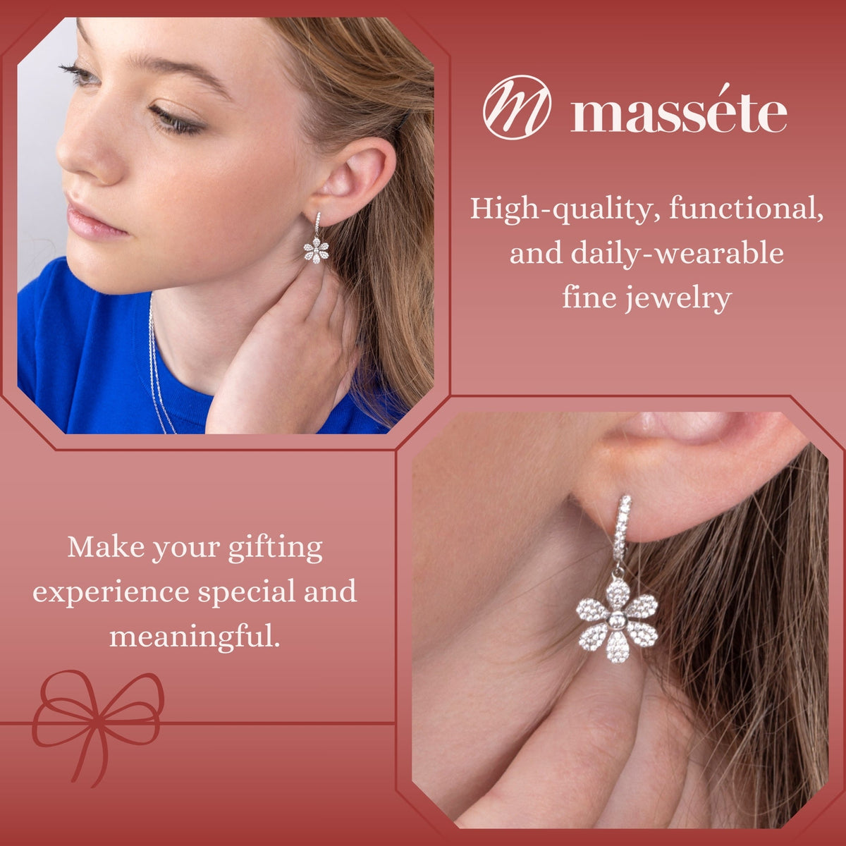 Sterling Silver Earrings for Girls 6 Petal Flower on Hoop with Sparkly Pave Set Simulated Diamonds by Massete