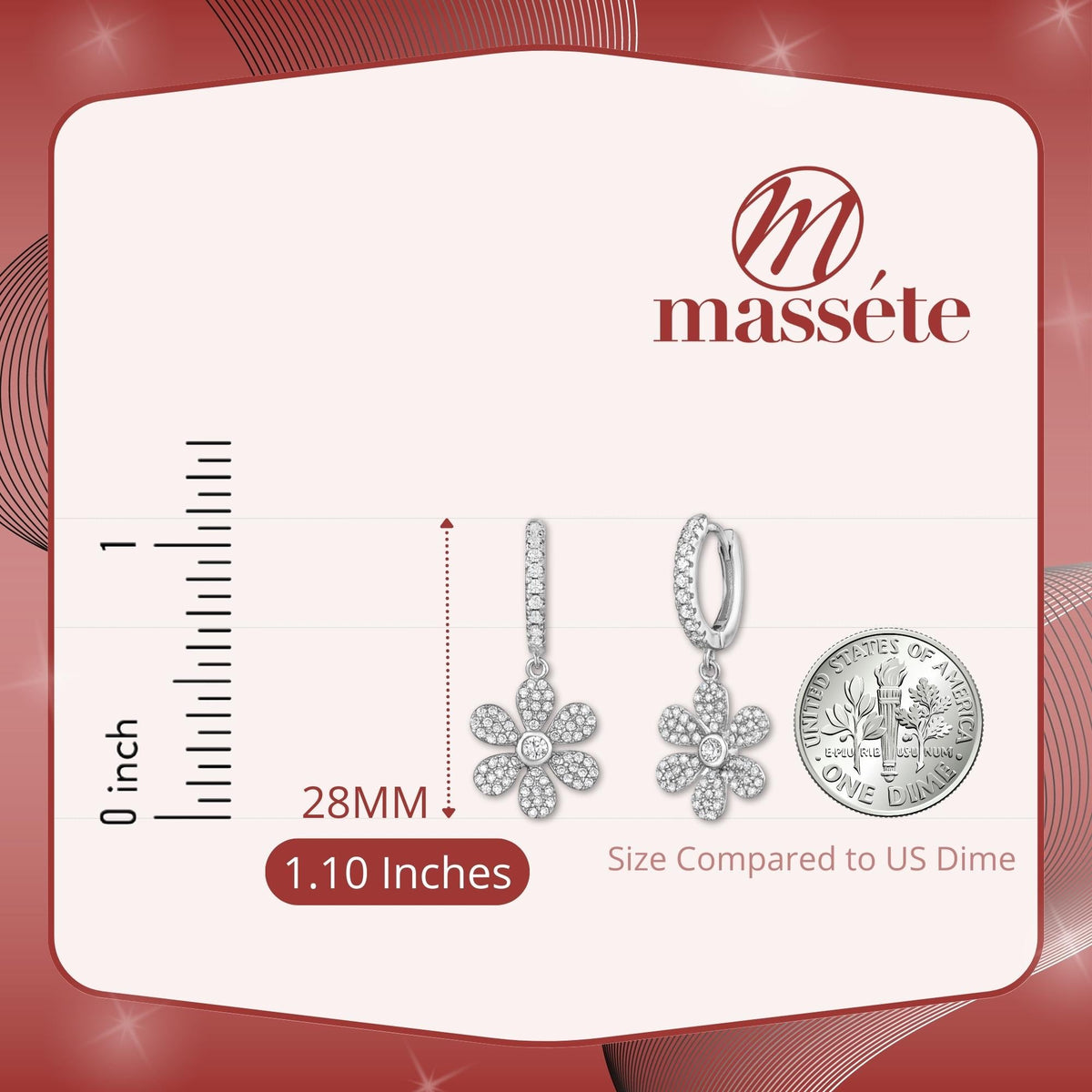 Sterling Silver Earrings for Girls 6 Petal Flower on Hoop with Sparkly Pave Set Simulated Diamonds by Massete