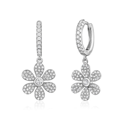 Sterling Silver Earrings for Girls 6 Petal Flower on Hoop with Sparkly Pave Set Simulated Diamonds by Massete