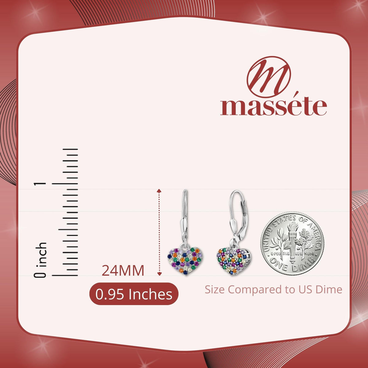 Sterling Silver Heart Leverback Dangle Earrings Multi Colors for Girls by Massete