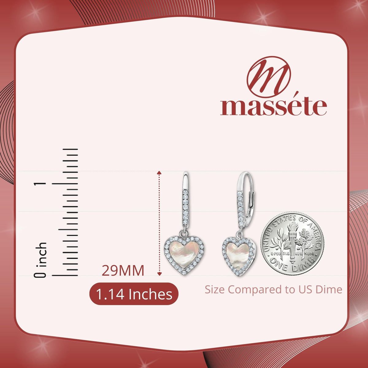 Sterling Silver Heart Dangle Earrings Leverback Mother of Pearl Simulated Diamonds Outline for Girls by Massete