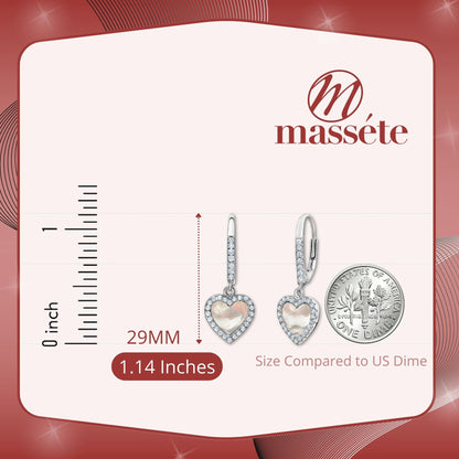 Sterling Silver Heart Dangle Earrings Leverback Mother of Pearl Simulated Diamonds Outline for Girls by Massete