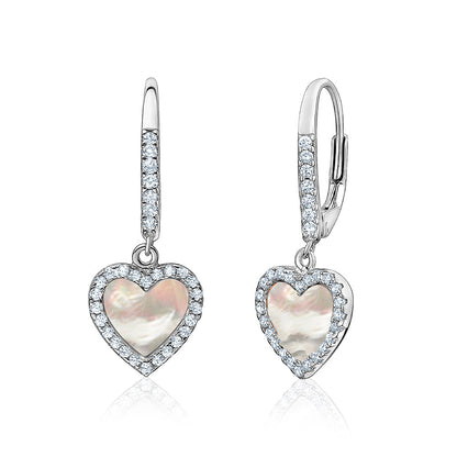 Sterling Silver Heart Dangle Earrings Leverback Mother of Pearl Simulated Diamonds Outline for Girls by Massete