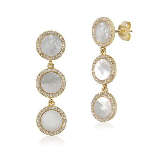 Sterling Silver Yellow Gold Plated CZ Mother of Pearl Triple Round Disc Long Dangle Post Earrings by Massete