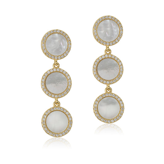 Sterling Silver Yellow Gold Plated CZ Mother of Pearl Triple Round Disc Long Dangle Post Earrings by Massete