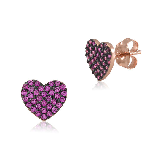 Sterling Silver Rose Gold Plated Black Rhodium Pink CZ Pave Heart Stud Post Earrings by Massete