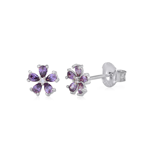 MASSETE 925 Sterling Silver 5 Pear-shaped CZ Petals Purple Flower Stud Post Earrings 7.5mm by Massete