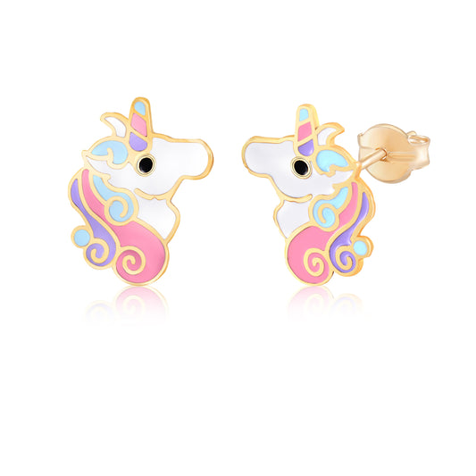 MASSETE 14k Yellow Gold Stud Earrings Unicorn Colorful Enamel for Children and Girls by Massete