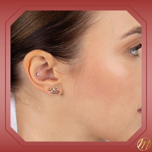 Massete tri-color gold Borromean studs, worn by a model, view 2