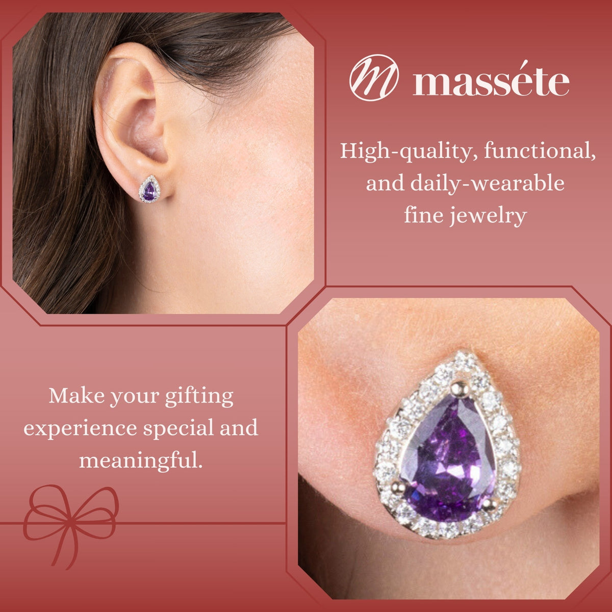 Sterling Silver Pear Halo Earring Studs for Women and Girls Simulated Birthstone Earrings by Massete
