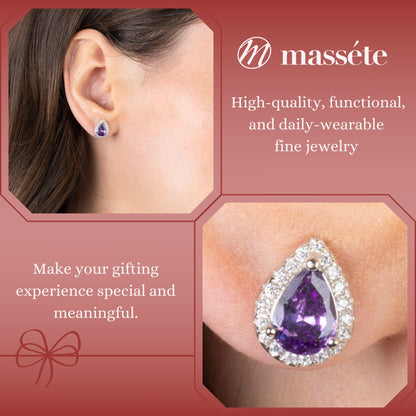Sterling Silver Pear Halo Earring Studs for Women and Girls Simulated Birthstone Earrings by Massete