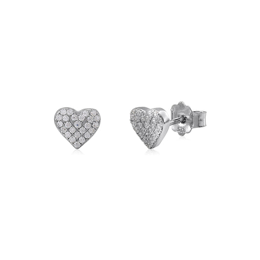Sterling Silver 925 Small Flat Pave CZ Heart Stud Post Earrings by Massete