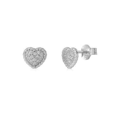 Sterling Silver 925 Small Pave CZ Puffy Heart Stud Post Earrings with Rope Border by Massete