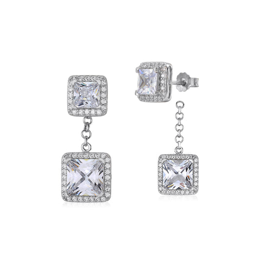 Sterling Silver 925 Simulated Diamond Double Square Halo Drop Dangle Post Earrings with Removeable Stud by Massete