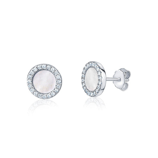 Sterling Silver Disc Stud Earrings Mother of Pearl Simulated Diamonds 10mm by Massete