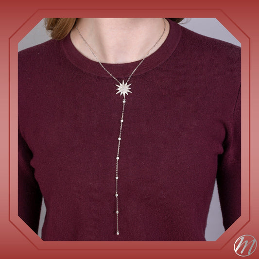 Sterling Silver Long Y Necklace Lucky North Star Lariat Style with Pave Simulated Diamonds 16" by Massete
