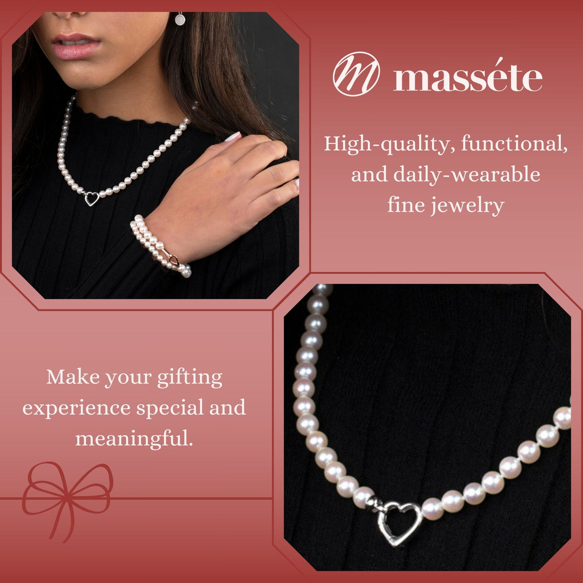 MASSETE White Round Freshwater Cultured Pearl Necklace for Women Sterling Silver Heart Clasp 6.5mm 18" by Massete