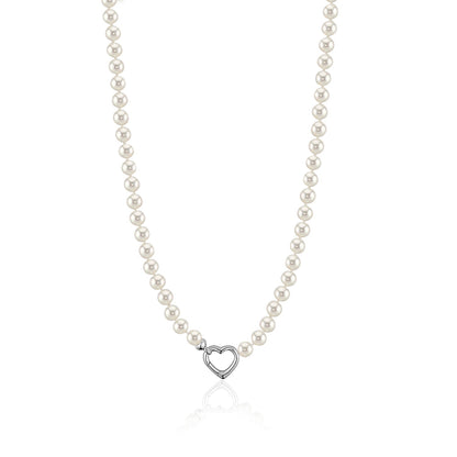 MASSETE White Round Freshwater Cultured Pearl Necklace for Women Sterling Silver Heart Clasp 6.5mm 18" by Massete