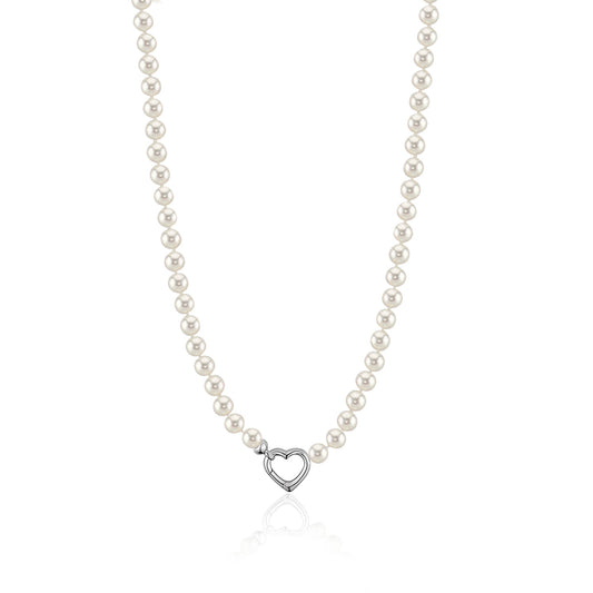 MASSETE White Round Freshwater Cultured Pearl Necklace for Women Sterling Silver Heart Clasp 6.5mm 18" by Massete