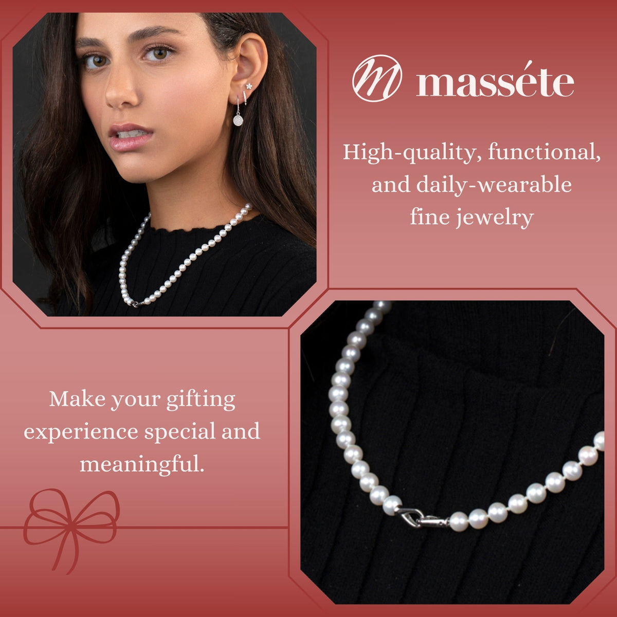 MASSETE White Round Freshwater Cultured Pearl Necklace for Women Sterling Silver Lobster Clasp Modern 6.5mm 18" by Massete