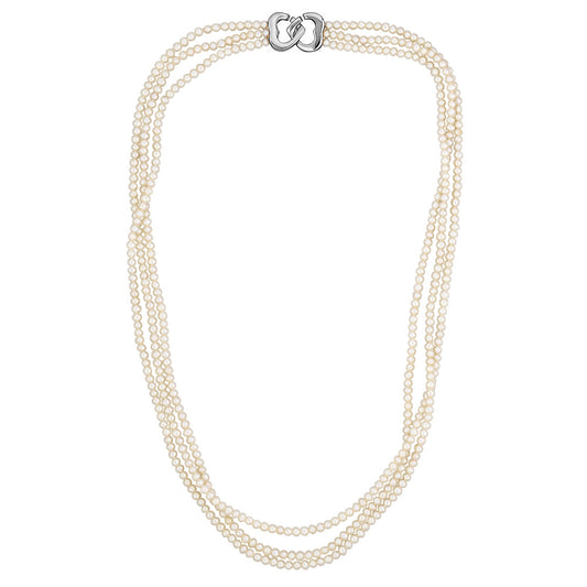 MASSETE White Small Round Freshwater Cultured Pearl Triple Strand Necklace for Women Sterling Silver Double Heart Clasp 2.5mm 18" by Massete