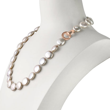 MASSETE White Coin Freshwater Cultured Pearl Necklace for Women Sterling Silver Clasp Modern 12.5mm 18" by Massete