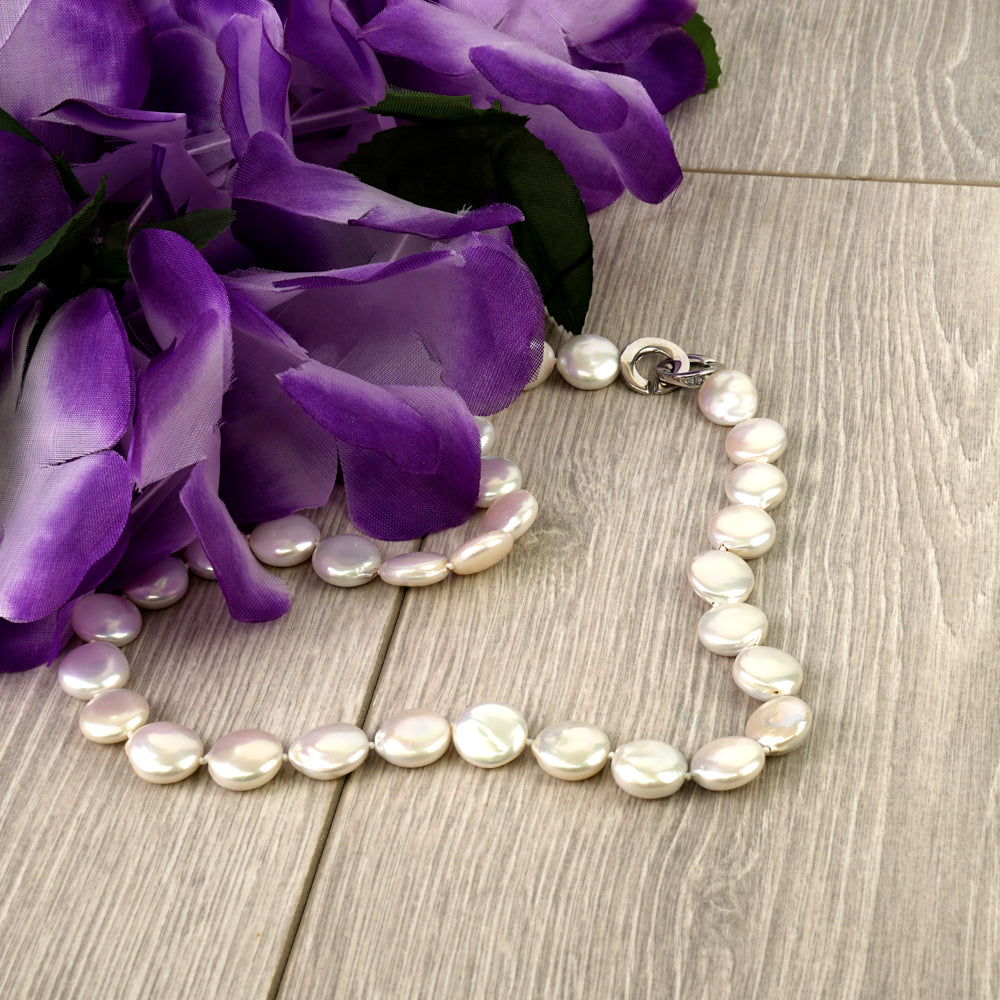 MASSETE White Coin Freshwater Cultured Pearl Necklace for Women Sterling Silver Clasp Modern 12.5mm 18" by Massete