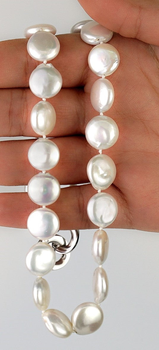 MASSETE White Coin Freshwater Cultured Pearl Necklace for Women Sterling Silver Clasp Modern 12.5mm 18" by Massete