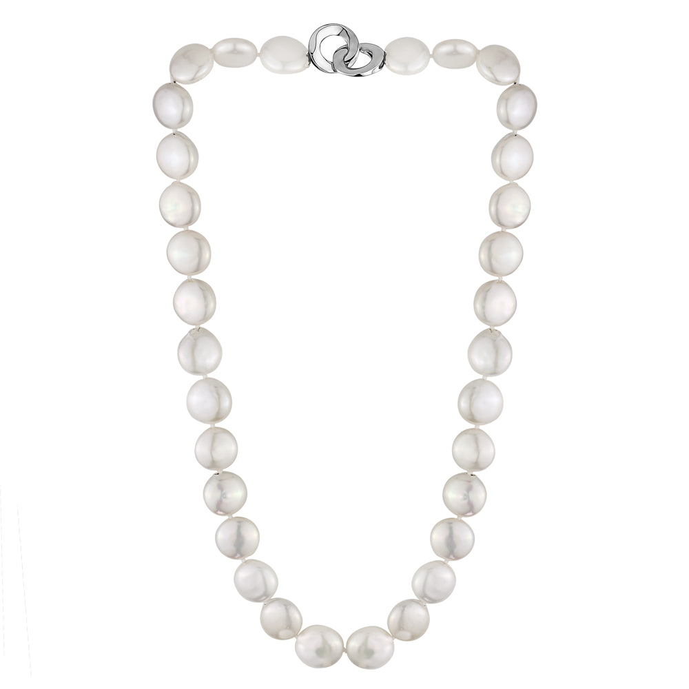 MASSETE White Coin Freshwater Cultured Pearl Necklace for Women Sterling Silver Clasp Modern 12.5mm 18" by Massete