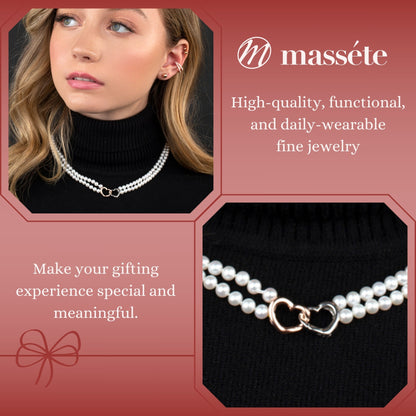 MASSETE White Round Freshwater Cultured Pearl Double Strand Necklace for Women Sterling Silver Rose Gold Plated Double Heart Clasp 4.5mm 18 inches by Massete