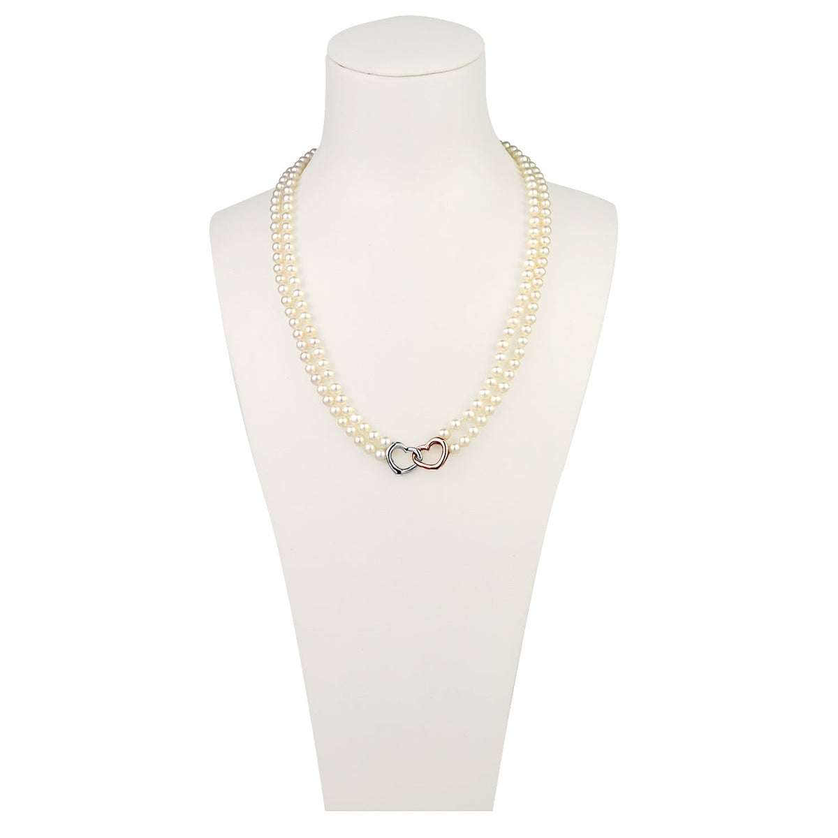 MASSETE White Round Freshwater Cultured Pearl Double Strand Necklace for Women Sterling Silver Rose Gold Plated Double Heart Clasp 4.5mm 18 inches by Massete