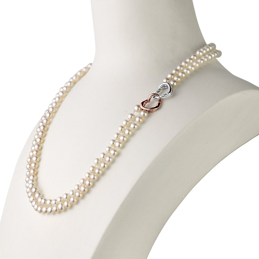 MASSETE White Round Freshwater Cultured Pearl Double Strand Necklace for Women Sterling Silver Rose Gold Plated Double Heart Clasp 4.5mm 18 inches by Massete