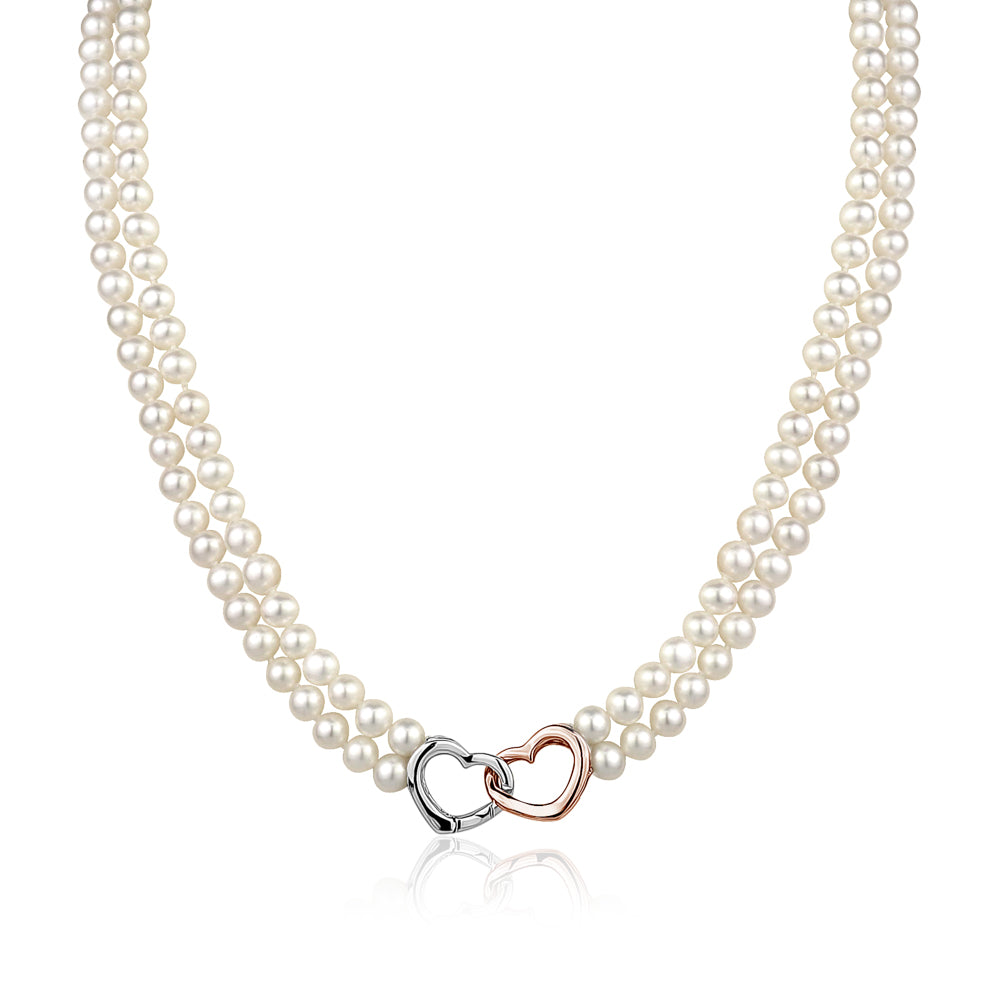 MASSETE White Round Freshwater Cultured Pearl Double Strand Necklace for Women Sterling Silver Rose Gold Plated Double Heart Clasp 4.5mm 18 inches by Massete