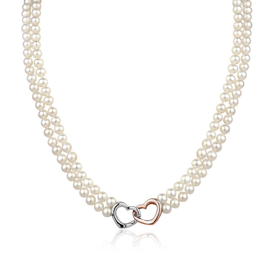 MASSETE White Round Freshwater Cultured Pearl Double Strand Necklace for Women Sterling Silver Rose Gold Plated Double Heart Clasp 4.5mm 18 inches by Massete