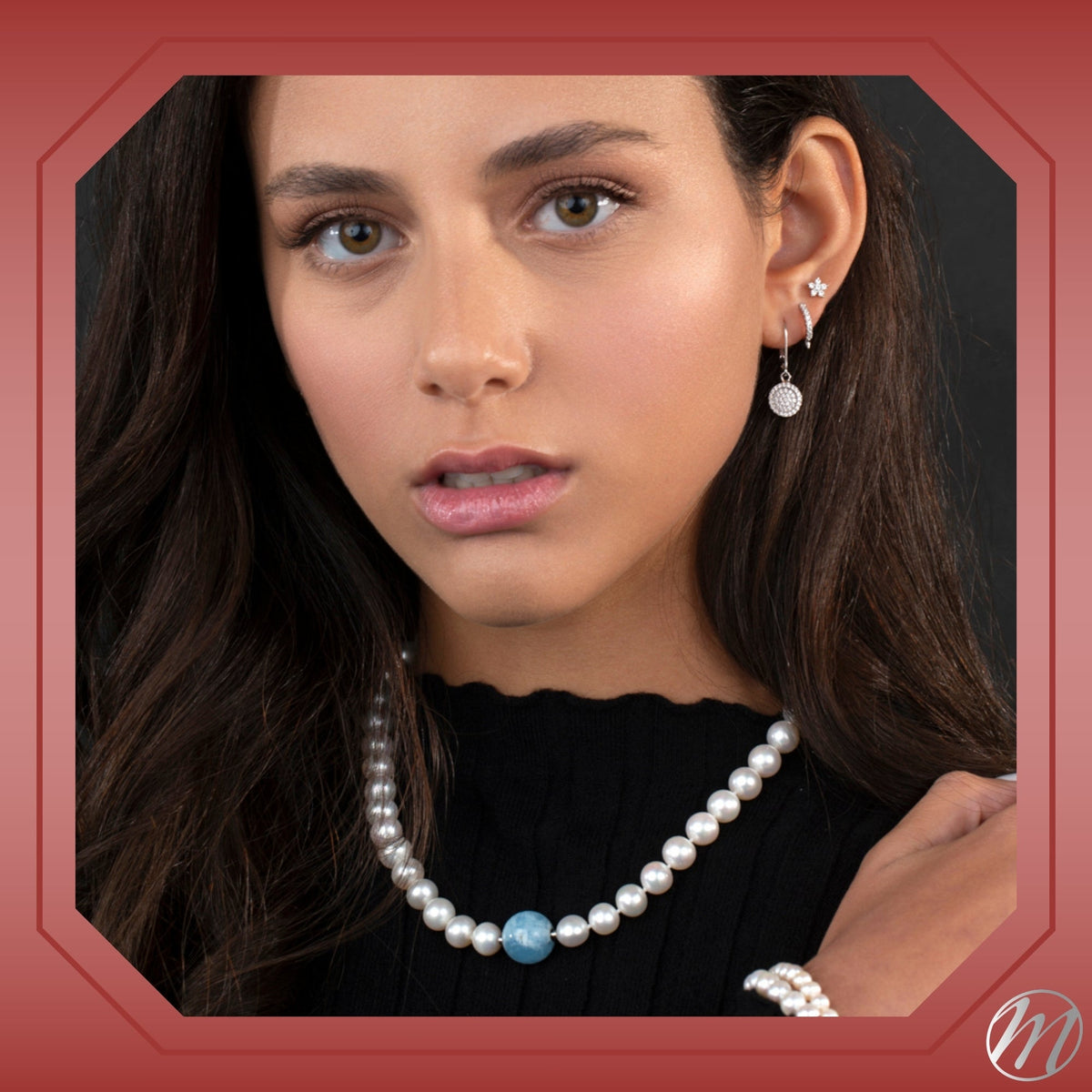 MASSETE White Round Freshwater Cultured Pearl Necklace for Women Aquamarine Sphere Invisible Clasp 10mm 17" by Massete