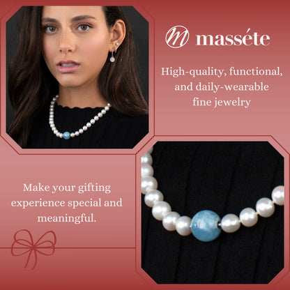 MASSETE White Round Freshwater Cultured Pearl Necklace for Women Aquamarine Sphere Invisible Clasp 10mm 17" by Massete