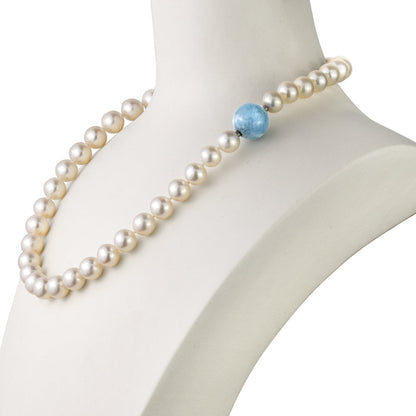 MASSETE White Round Freshwater Cultured Pearl Necklace for Women Aquamarine Sphere Invisible Clasp 10mm 17" by Massete
