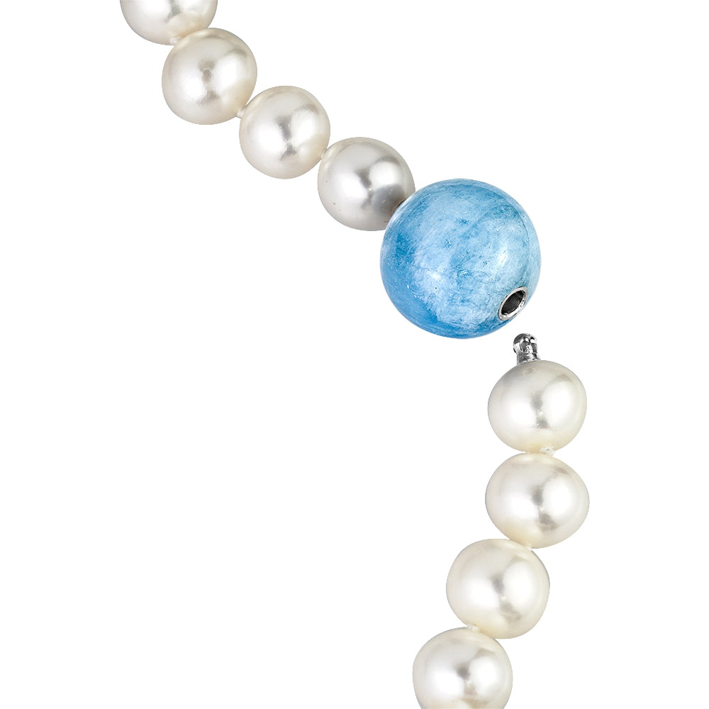 MASSETE White Round Freshwater Cultured Pearl Necklace for Women Aquamarine Sphere Invisible Clasp 10mm 17" by Massete