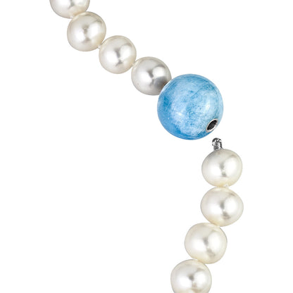 MASSETE White Round Freshwater Cultured Pearl Necklace for Women Aquamarine Sphere Invisible Clasp 10mm 17" by Massete