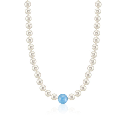 MASSETE White Round Freshwater Cultured Pearl Necklace for Women Aquamarine Sphere Invisible Clasp 10mm 17" by Massete