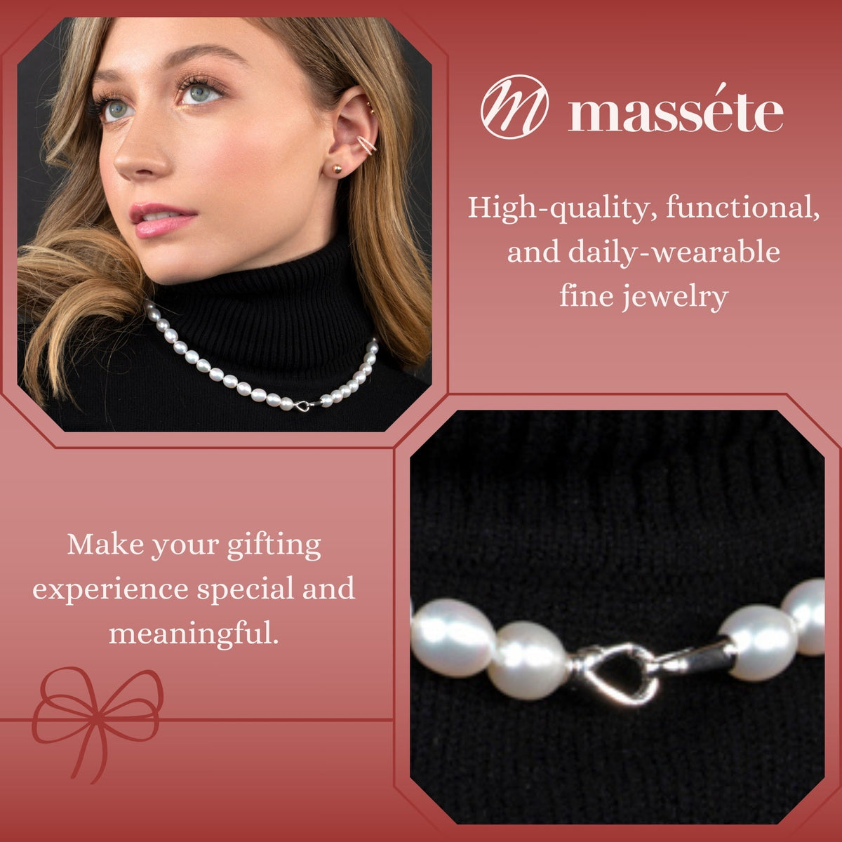 MASSETE White Rice Shape Freshwater Cultured Pearl Necklace for Women Sterling Silver Lobster Clasp Modern 9mm 18" by Massete