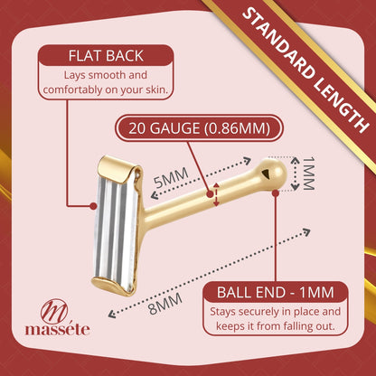 Infographic 1 for 14k yellow gold baguette CZ nose stud, 20 gauge by Massete