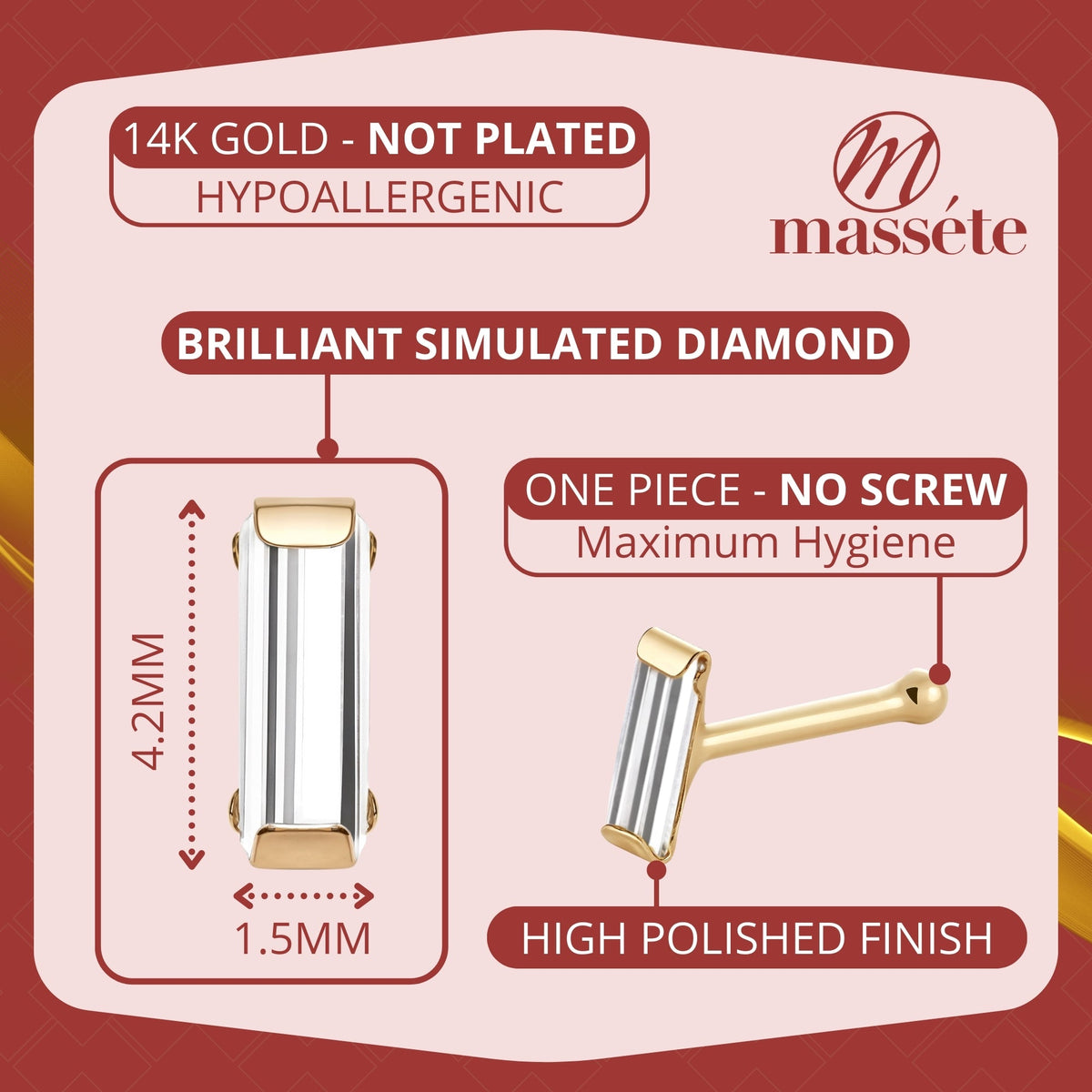 Infographic 2 for 14k yellow gold baguette CZ nose stud, 20 gauge by Massete