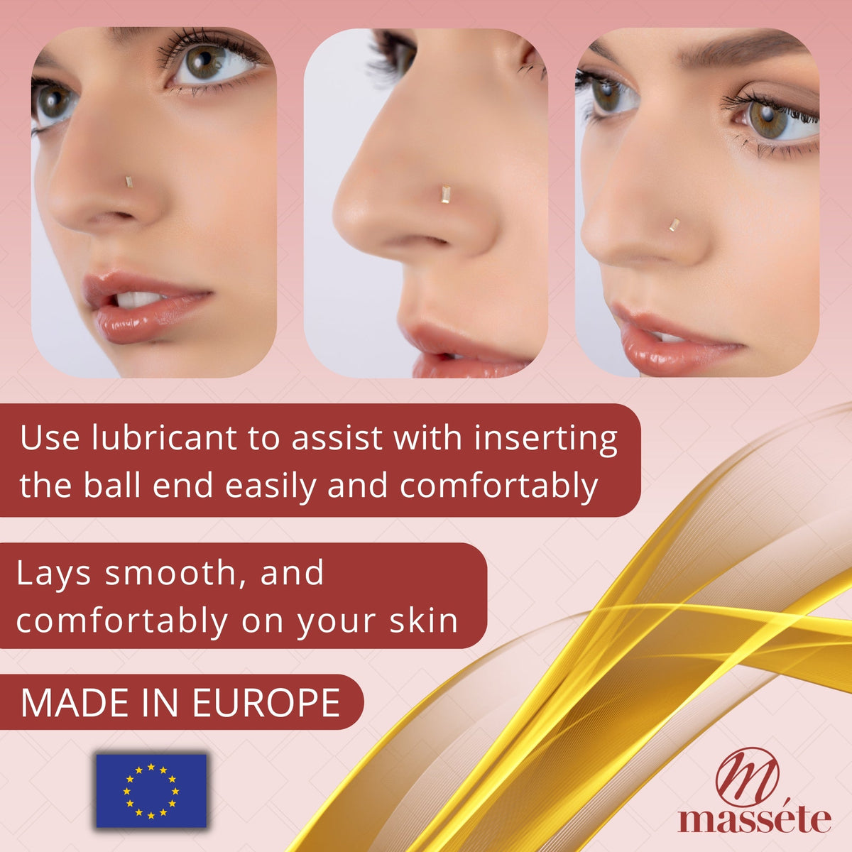 Model wearing 14k yellow gold baguette CZ nose stud, 20 gauge by Massete, view 3