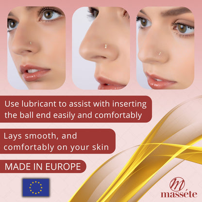 Model wearing 14k yellow gold baguette CZ nose stud, 20 gauge by Massete, view 3