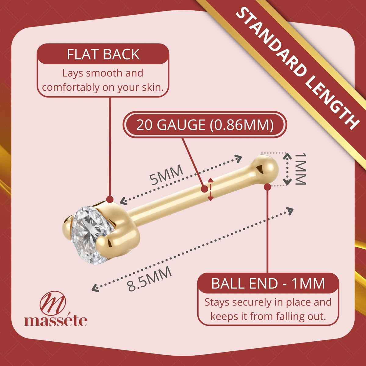 Infographic 1 for 14k yellow gold 2 prong CZ nose stud, 20 gauge by Massete